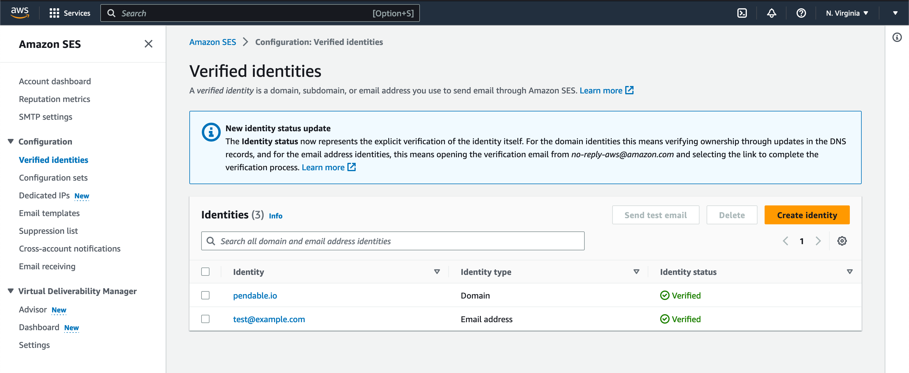 You should see a list of your verified Domains and Email addresses under your SES Identities tab. If not, please follow the steps on AWS to create and verify an identity.